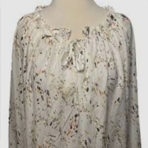 A New Day Ruffled Tie Neck Peasant Blouse Ivory Speckle Print Women's Large